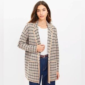 LOFT Tan and Brown Plaid Blazer Sweater Long Beige